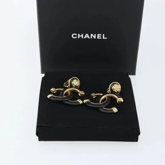 CHANEL COCO Mark Camelia Earring Metal Leather Gold CC Auth am9409 - Picture 16 of 16